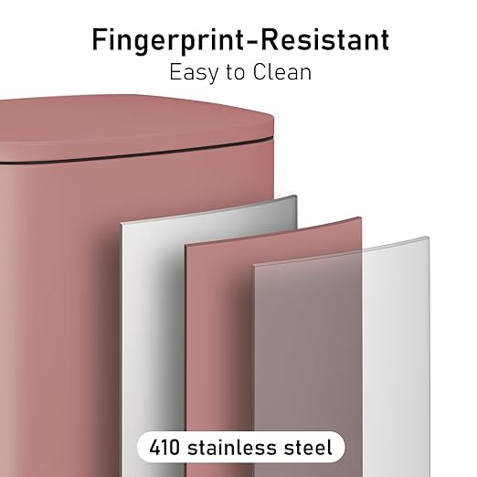 Arlopu 13.2+1.3 Gallon Step Trash Can, Stainless Steel Garbage Bin, Soft-Close Rubbish Bin with Removable Plastic Inner Bucket, Fingerprint-Proof, Lid Dustbin, for Kitchen Home (Pink)