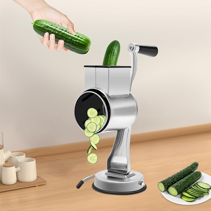 5-in-1 Rotary Cheese Grater & Vegetable Slicer with 5 Interchangeable Blades, Stainless Steel - Rotary Grater Slicer for Fruit, Vegetables, Nuts and More