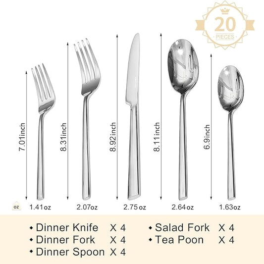 KINGSTONE Silverware Set, 20-Piece Forged Novelty Flatware Cutlery Utensil Set Premium Stainless Steel, Service for 4, for Kitchen, Home, Wedding, Party, Mirror Polished and Dishwasher Safe