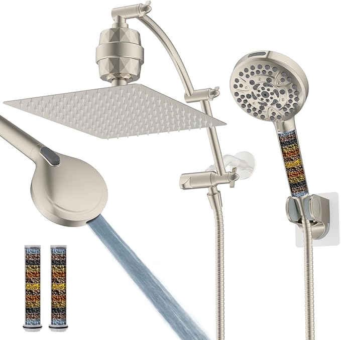 Hibbent All Metal 12'' Filtered Rainfall Shower Head Combo, High Pressure Handheld Shower Head with 16'' Adjustable Extension Arm, 20 Stage Shower Filter, 10-spray, 71'' Shower Hose, Brushed Nickel