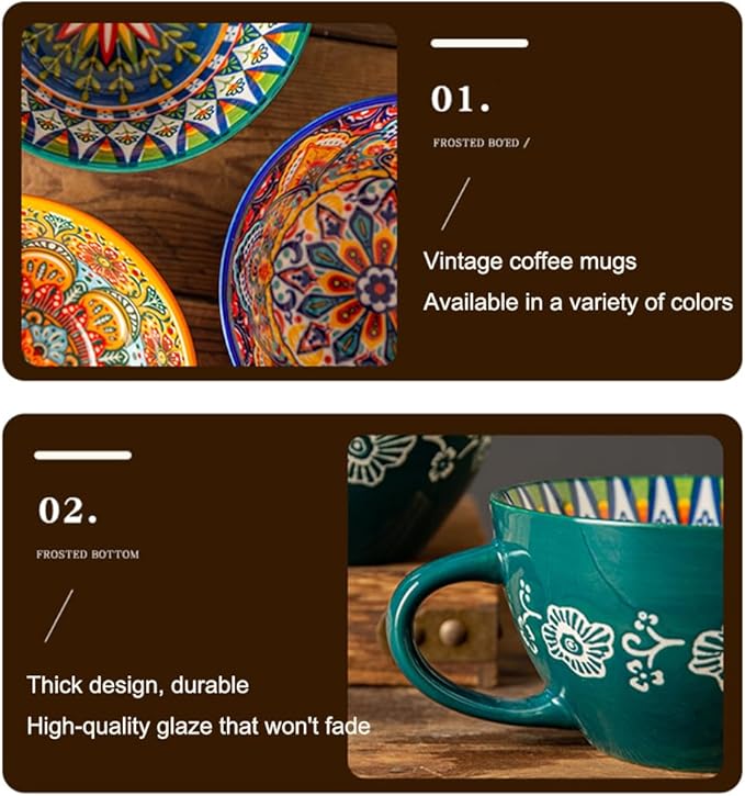 Yellow Ceramic Mug, Bohemian Hand-Painted, 15 Oz Large Coffee Cup for Milk, Tea, Breakfast, Dishwasher & Microwave Safe Cup