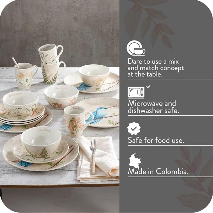 Corona 16–piece Birds Nature Garden Inspired Ceramic Dinnerware Sets | Plates Bowls and Mugs | Service For 4 | Lovely Garden