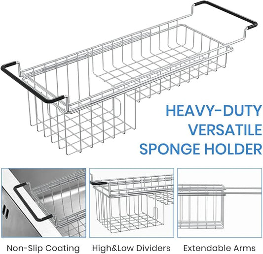 Sink Caddy Sponge Holder Kitchen Sink Organizer Sponge Caddy Expandable 16.06" to 21.02" Farmhouse In-sink Accessories for Rag Detergent Brush Dish Washing Liquid Rack, Stainless Steel