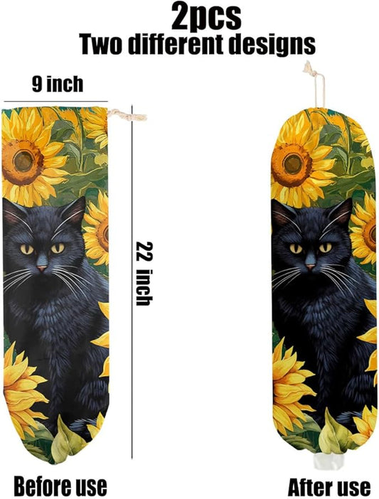 2 Pcs Cat Gifts Plastic Bag Holder, Wall Mount Grocery Bag Holder for Plastic Bags, Flower Reusable Grocery Bags Storage Dispenser for Home Kitchen Pantry Decor, Funny Cats Gifts for Women Cat Lovers