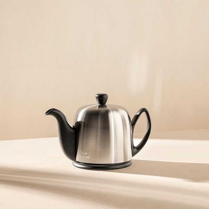 Degrenne Salam Luxury French Tea Pot - Porcelain Teapot with Emerald Aluminum Cover, Ceramic Tea Kettle for Loose Tea, Removable Infuser, 4 Cup Capacity, 24oz - Emerald