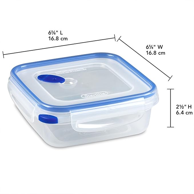 Sterilite Ultra-Seal 4 Cup Square, Airtight Food Storage Container, Latching Lid, Microwave and Dishwasher Safe, Clear With Blue Gasket, 6-Pack