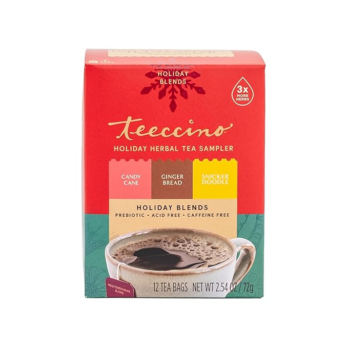Teeccino Holiday Herbal Tea Sampler Assortment - Candy Cane, Gingerbread, Snickerdoodle - Caffeine-Free Holiday Dessert Teas with Prebiotic Chicory, 12 Tea Bags