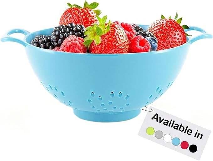 Meadow Lane 6-inch Small Colander, BPA-Free, Dishwasher Safe, Double Handles, Compact Food Strainer for Berries, Veggies and Pasta, 3-Cup Capacity, Light Blue