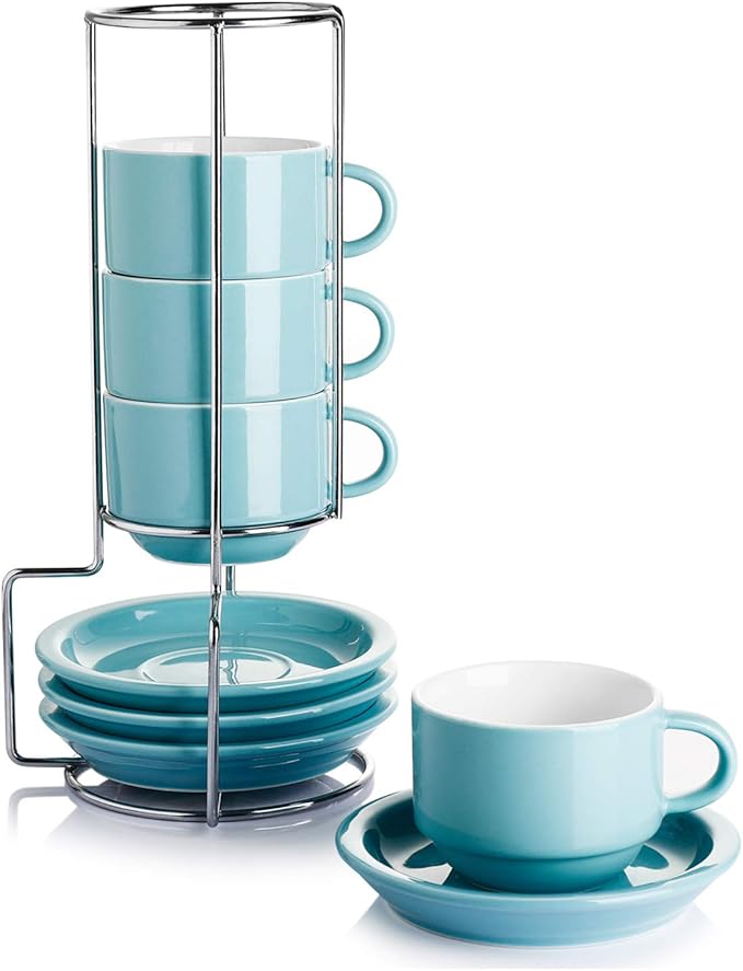 Sweese 2.5 Ounce Porcelain Stackable Espresso Cups with Saucers and Metal Stand Set of 4, Turquoise