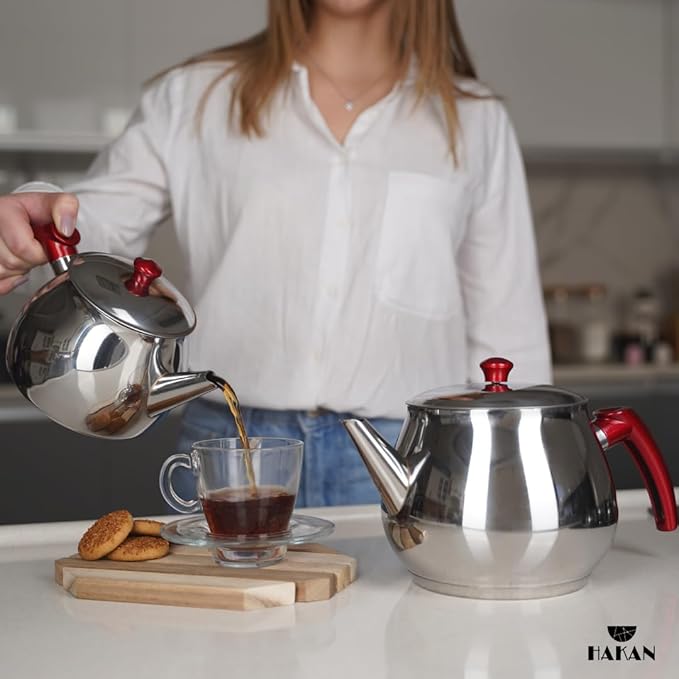 Hakan Stainless Steel 3.2 L, 107 Oz, Maxi Double Bondy Tea Pot Set with Self Strainer Double Lids, Turkish Samovar Style Teapot Set, Tea Kettle for Loose Leaf Tea with Red Bakelite Handle 3.3-Quart