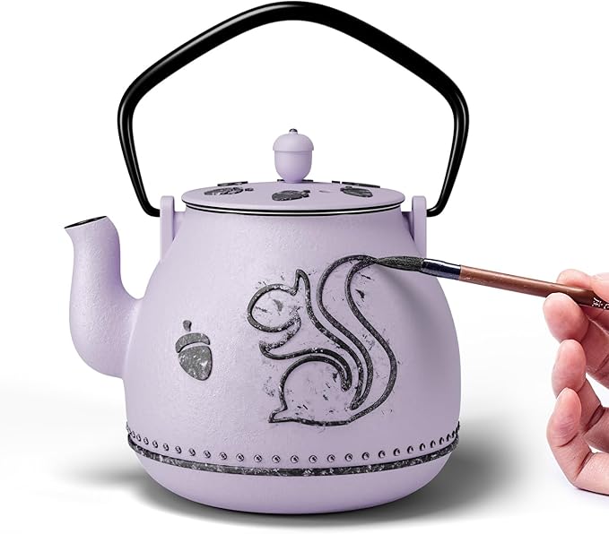 Toptier Teapot with Removable Infuser, Cast Iron Tea Kettle Stovetop Safe, Squirrel Design Tea Pot Coated with Enameled Interior for 32 Ounce (950 ml), Purple