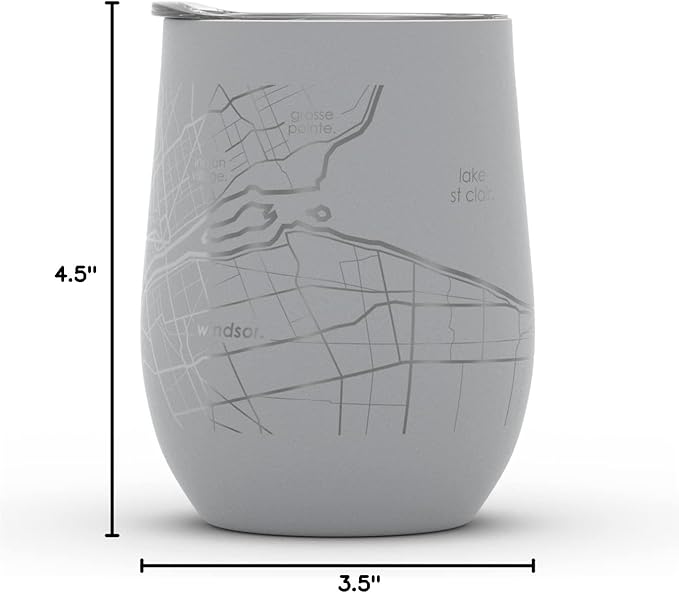 Well Told Engraved Detroit Michigan Map Insulated Wine Tumbler, Etched Stainless Steel Cup (12 oz, Dockside Gray) City Map Insulated Tumbler, Custom Insulated Tumbler, Outdoor Drinkware