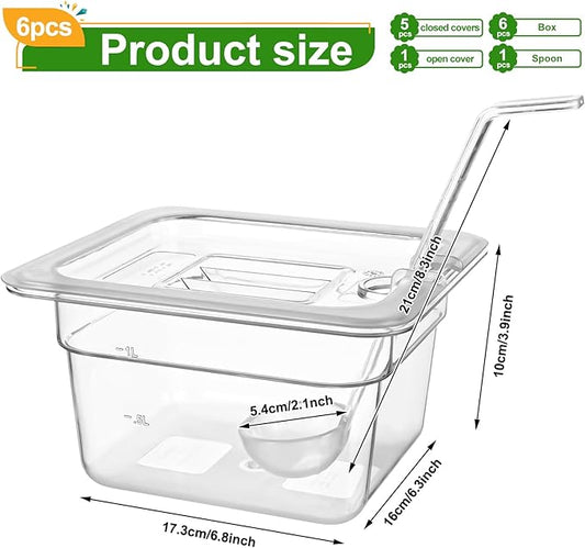 6 Pack Plastic Clear Food Pans with Lids, 1/6 Size 4'' Deep Commercial Stackable Polycarbonate Pans Hotel Food Storage Pan with 1 Pcs Spoon for Fruits Vegetables