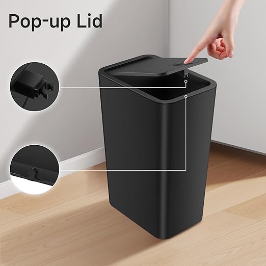 TIPGO Bathroom Trash Can with Lid, 4 Gallon / 15 Liter Small Garbage Can, Press Top Bin, Plastic Wastebasket with Pop-Up Lid for Bedroom, Living Room, Office (Black)