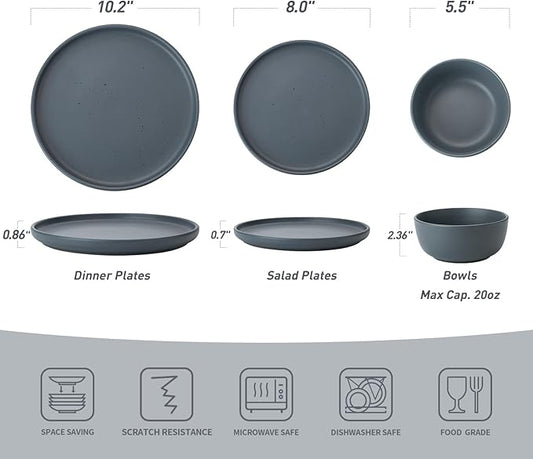 Famiware Dawn Plates and Bowls Sets, 12 Pieces Stoneware Dinnerware Sets, Dishes Set for 4, Microwave and Dishwasher Safe, Speckled Charcoal