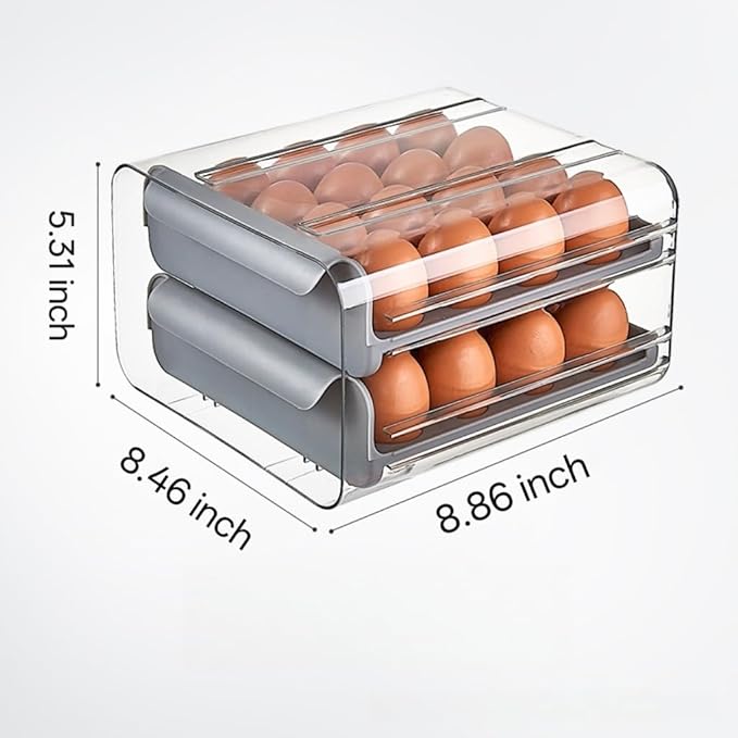 Egg Container Holders Dispenser for Refrigerator 32 Eggs, 2 Tier Clear Stackable Holder Tray with Drawer for Fridge, Egg Drawer for Refrigerator, Egg Tray Countertop (Grey)