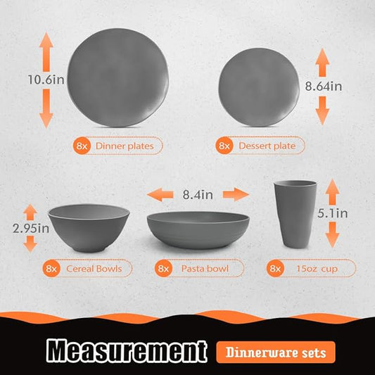 Teivio 40-Piece Flatware Kitchen Plastic Wheat Straw Dinnerware Set,Service for 8,Dinner Plates, Dessert Plate,Cereal Bowls,Pasta Bowls,Cups,Unbreakable Plastic Outdoor Camping Dishes,Irregular Gray