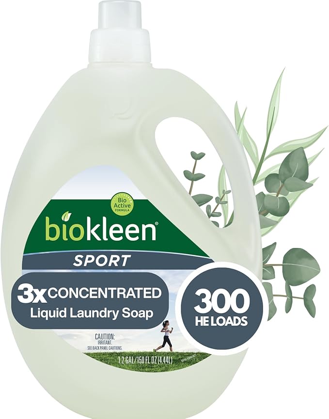 Biokleen Natural Sport 3X Concentrated Laundry Detergent, 300 Loads, Bio Active Formula, Fight Odors, Sweat & Stain Remover, Lavender Eucalyptus Scent