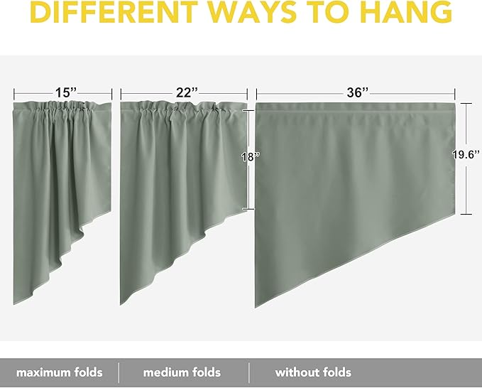 NICETOWN Kitchen Valances for Window, Farmhouse Rustic Room Darkening Swag Curtains for Living Room Rod Pocket Soft Short Curtains for Bedroom Decor, 1 Piar, 36" x 36" x 18" per Panel, Greyish Green
