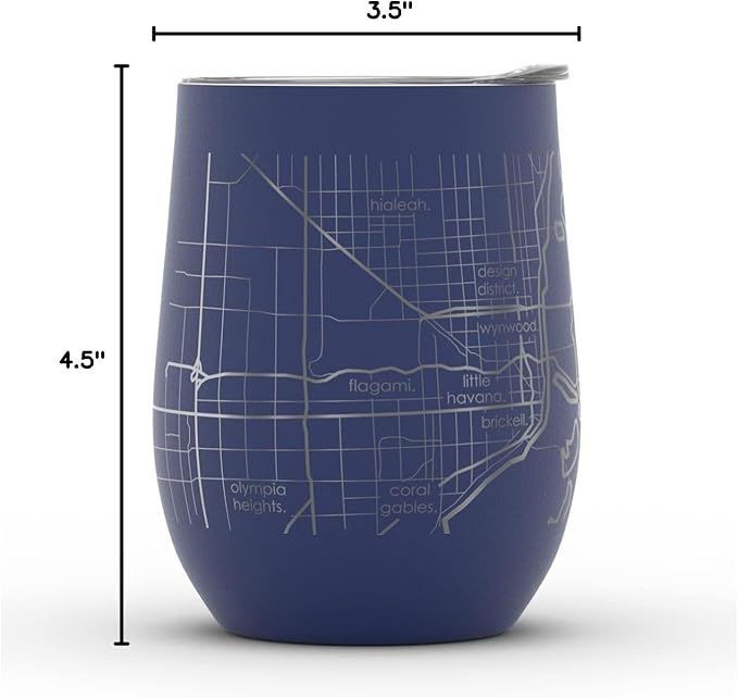 Well Told Engraved Miami Florida Map Insulated Wine Tumbler, Etched Stainless Steel Cup (12 oz, Midnight Blue) City Map Insulated Tumbler, Custom Insulated Tumbler, Outdoor Drinkware