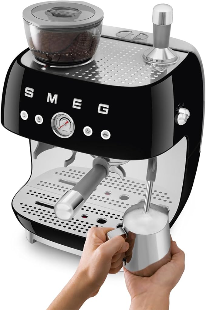 Smeg EGF03 Semi-Automatic Espresso Machine with Built-In Grinder, Dual Thermoblock, 50’s Retro Style – Black (120 V)