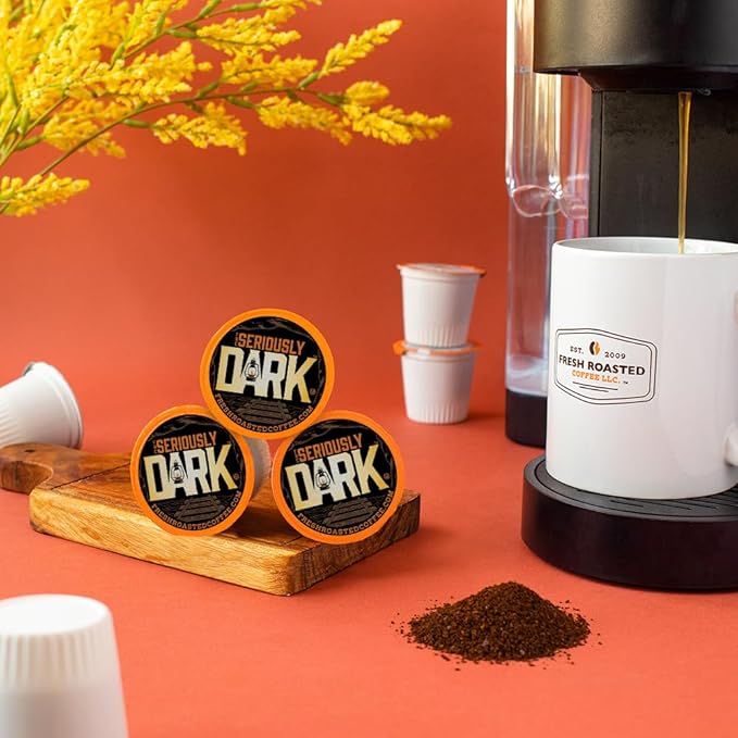Fresh Roasted Coffee, Seriously Dark, Artisan Blend, Dark Roast, 72 Pods for K Cup Brewers