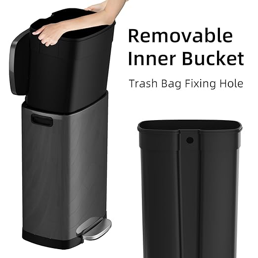 KUK 13 Gallon Kitchen Trash Can with Lid, 50L/13Gal Office Step Garbage Can for Home, Kitchen, Laundry Room, Office, Brushed Stainless Steel, Titanium Black