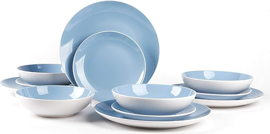 Stoneware Coupe Shape 12pc Dinnerware Set, Outside White + Inside Blue