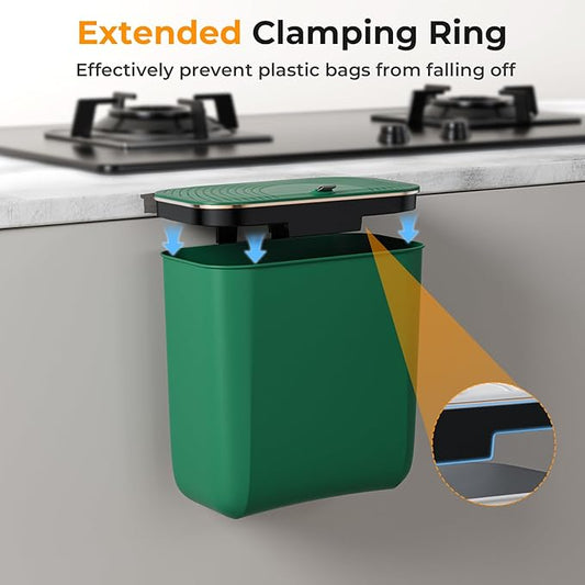 2.4 Gallon Hanging Trash Can - Small Under Sink Trash Can with Lid, Wall Mounted Compost Bin for Kitchen Cupboard Countertop, Odor-Control, Extended Clamping Ring, PET Material, Green