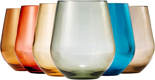 Khen European Style Shatterproof Tritan Stemless Wine Glasses, Acrylic Glass Drinkware, Unbreakable Colored, 6 - Set - BPA-free plastic, Reusable, Dishwasher Safe, All Purpose Glassware 15oz - (Muted)