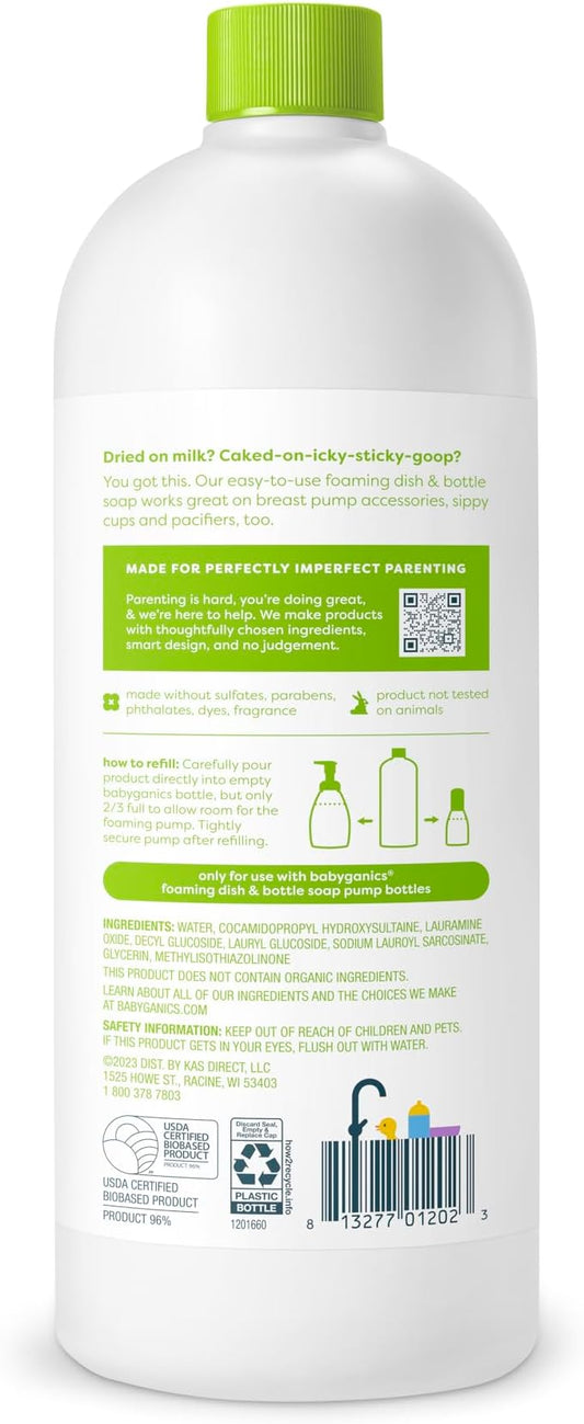 Babyganics Foaming Dish & Bottle Soap, Fragrance Free, Plant-Derived Cleaning Power, Removes Dried Milk, 32 Fl Oz (Pack of 2), Packaging May Vary