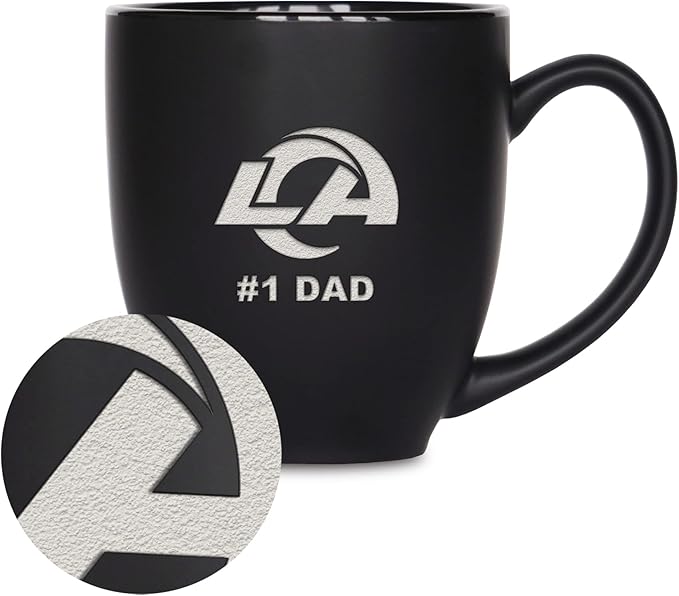 Rico Industries NFL Football #1 Dad 15oz Laser Engraved Matte Black Ceramic Bistro Mug - for Hot or Cold Drinks