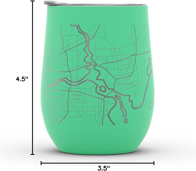 Well Told Engraved Houston Texas Map Insulated Wine Tumbler, Etched Stainless Steel Cup (12 oz, Sunday Green) City Map Insulated Tumbler, Custom Insulated Tumbler, Outdoor Drinkware