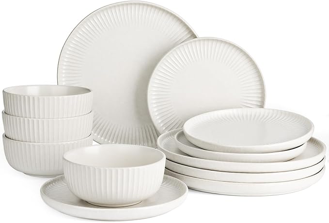 Famiware Starlight Dinnerware Sets, Plates and Bowls Dish Set of 4 (12 Pieces), Ribbed Textured Tableware - Dishwasher & Microwave Safe, Chip Resistant, Reactive Glaze, Matte Reactive White