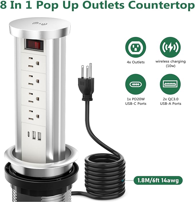 Pop Up Outlet Countertop with 10W Wireless Charger, 4 Outlets,3 USB Ports, Automatic Pop Up Outlet for Kitchen Counter Islan, Office Conference Table,Splash Resistant