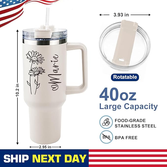 ThermoThrill Ships Next Day, Personalized 40 Oz Tumbler with Handle and Straw Custom Tumbler with Text Stainless Steel Mug Birthday Gifts for Women