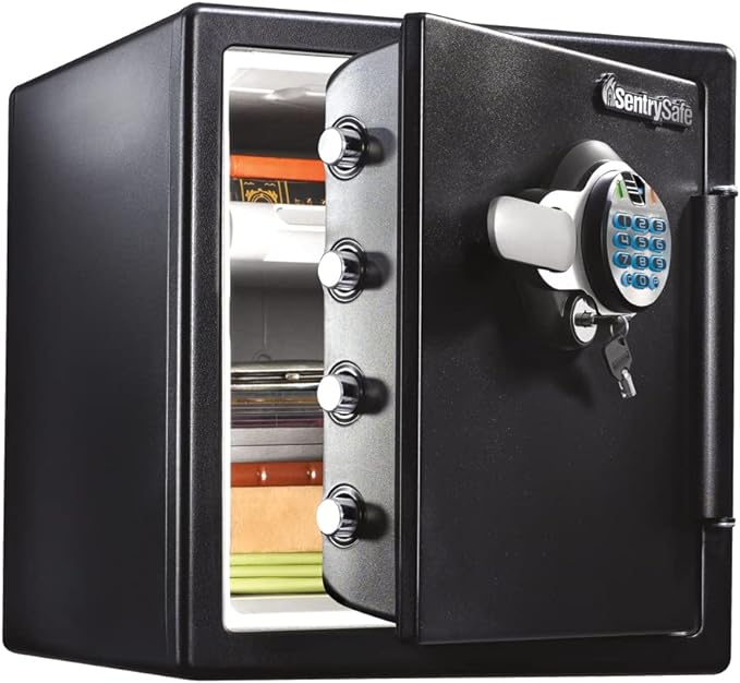 SentrySafe Fireproof and Waterproof Home Safe with Biometric Fingerprint Lock, Keypad, and Key Lock for Securing Money, Jewelry, Documents, 1.23 Cubic Feet, SFW123BTC