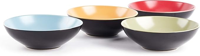Stoneware Two-Tone Colors Life 12pc Dinnerware Set,Outside Shinny Black + Inside Matte Finished Very Funny - 4 Assorted Colors Turquoise, Olive, Curry, Red