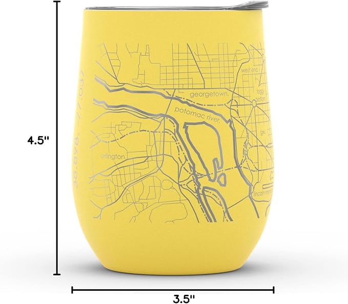 Well Told Engraved Washington DC Map Insulated Wine Tumbler, Etched Stainless Steel Cup (12 oz, Sunrise Yellow) City Map Insulated Tumbler, Custom Insulated Tumbler, Outdoor Drinkware