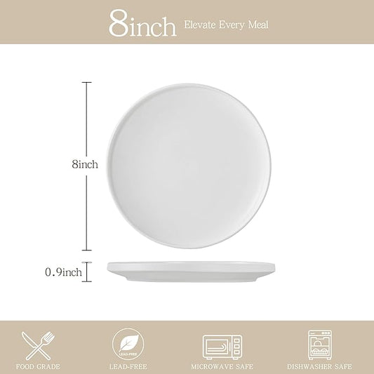 Stoneware Salad Plates Set of 4, 8 Inch Plates for Dessert, Ceramic Plates Sets, Microwave Safe, Dishwasher Safe, Versatile for All Seasons, Matte White