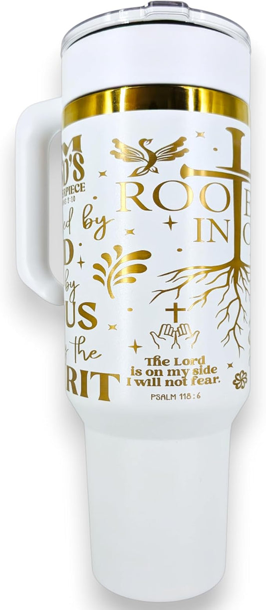 40oz Christian Tumbler with Handle & Straw – “Rooted in Christ,” “Jesus Is King,” Faith Scripture Gift – Double Wall Insulated Stainless Steel Mug for Hot & Cold Drinks (Rooted In Christ)