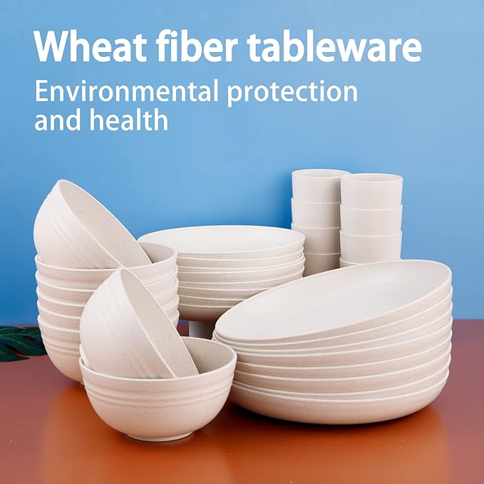 Supernal Wheat Straw Dinnerware Sets,Dish Sets for 8,Plates and Bowls Set Dishwasher Safe,Unbreakable Dinnerware,Reusable Tableware Set,Beige Color 16pcs Plates, 8pcs Bowls, 8pcs Cups.