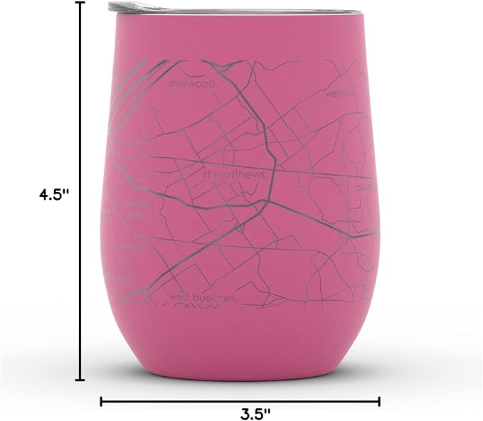 Well Told Engraved Louisville Kentucky Map Insulated Wine Tumbler, Etched Stainless Steel Cup (12 oz, Sunset Pink) City Map Insulated Tumbler, Custom Insulated Tumbler, Outdoor Drinkware