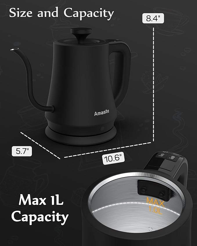 Amaste Gooseneck Electric Kettle, Electric Tea Kettle With Temperature Control, 34oz Pour Over Electric Kettle for Coffee & Tea, 304 Stainless Steel Inner, Auto Shut-Off & Keep Warm, Matte Black
