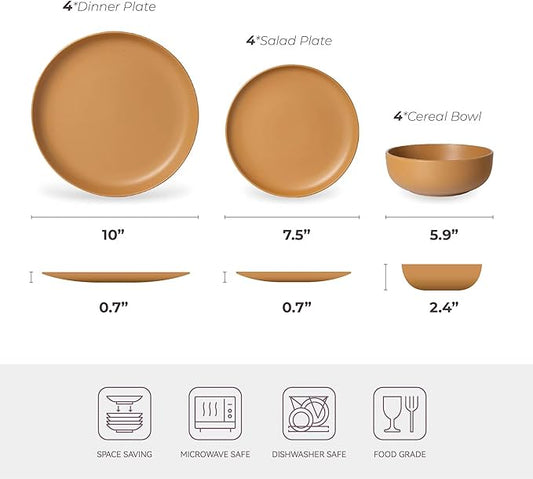 12-Piece Stoneware Dinnerware Set with Mugs | Microwave and Dishwasher Friendly | Stackable Matte Glaze Plates & Bowls | Service for 3 (Orange for 4)