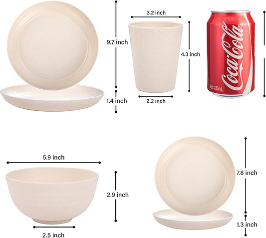 LIYH 16 Pcs Beige Wheat Straw Dinnerware Sets - Unbreakable Dinner Cream Plates,for 4 Plates and Bowls Set, Plastic Dinnerware Set Wheat Straw Bowls Cups Dish for 4 for Kitchen & Camping