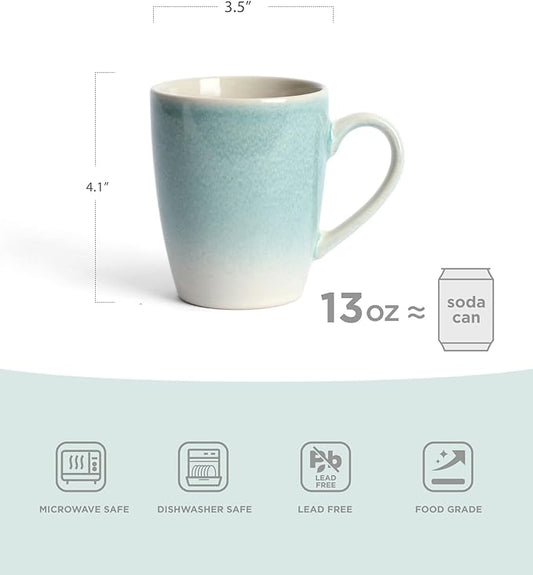 famiware Coffee Mugs Set, 13 oz Mug Set of 4, Stoneware Cups for Latte, Hot Tea, Mocha, Cocoa, Cappuccino, Microwave and Dishwasher Safe, Glacier Series, Aqua