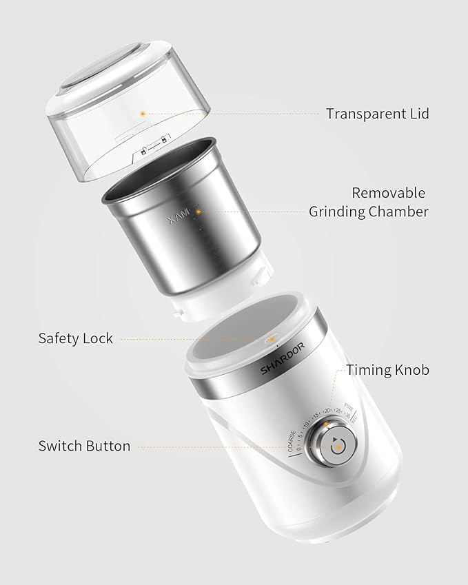 SHARDOR Electric Super Silent Blade Coffee Grinder, Timed Grind Control Rotary Knob, Adjustable Coarse to Fine for Coffee Beans, Spices & Herbs, with 1 Removable Stainless Steel Bowl, White
