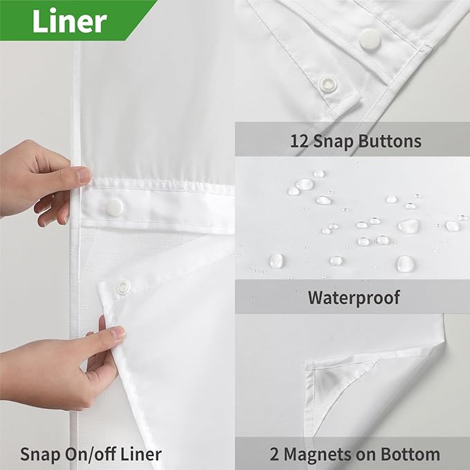 Stall No Hooks Needed Linen Textured Shower Curtain with Snap-in Fabric Liner Set,Hotel Luxury Decor Shower Curtains for Bathroom,Waterproof & Washable,60Wx74H,White