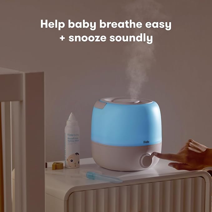 Frida Baby 3-in-1 Cool Mist Humidifier for Large Rooms, Top Fill Humidifier for Bedroom, Allergy Relief, 60 Hour Runtime + Nightlight, Auto Shut-Off, Quiet, Carry Handle, Essential Oil Diffuser